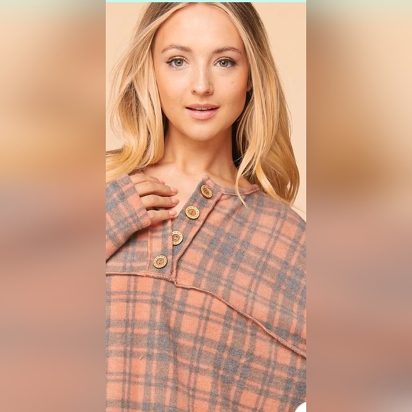 Plus Rust Cashmere Feel Plaid Button Down Knit Top - Picture 3 of 3